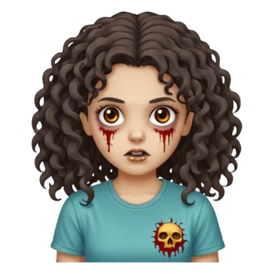 zombie girl with curly hair n brown eyes, dark and long hair 3a with wavy scalp, just a tshirt sticker