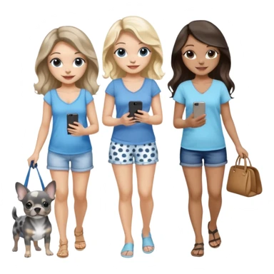 Three pretty women in cute summer clothes walking a blue and gray spotted Merle Frenchie, black and tan chihuahua puppy, holding iPhone, hazel eyed light skin with dark blonde long hair and light skin hazel eyed long wavy dark hair, blue eyed light skin long blonde hair  sticker