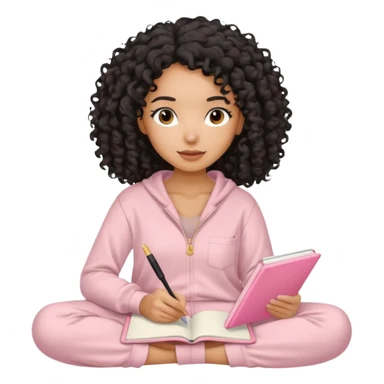 Mixed-race woman with caramel skin, black curly hair loose, wearing beige loungewear, journaling in a pastel pink notebook sticker
