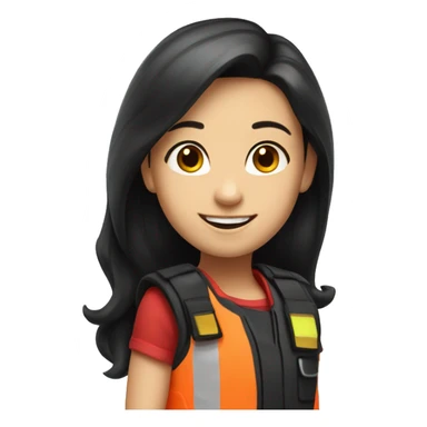 smiling girl with long black hair in red safety vest sticker