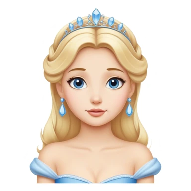 Cinematic Timeless Cinderella Portrait Emoji, rendered in a realistic, simplified vector style. Depict a classic Cinderella with delicate fair skin, beautifully styled blonde hair, and a calm, content expression, dressed in her iconic gown. The design is highlighted by a soft glowing outline and gentle, enchanting luminosity, capturing the essence of pure fairy-tale elegance. sticker