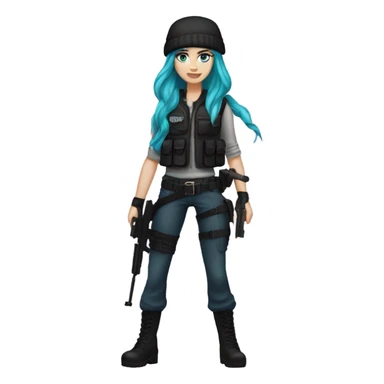 Girl, white skin, tactical vest, dark pants, long teal hair, blue eyes, black purple beanie hat, gun, black combat boots sticker