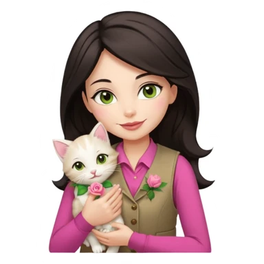 Make me an iphone avatar sticker of a woman with slightly brown black wavelength hair, dark brown eyes, slightly yellow white skin, pink lips, brown clothes and cream vest with a rose flower motif who is smiling and hugging a white kitten with green eyes. sticker
