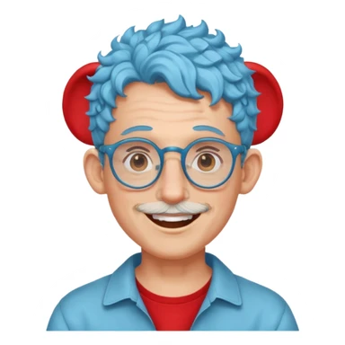 light blue haired man curly hair with big ears and red earrings and spectacles happy sticker
