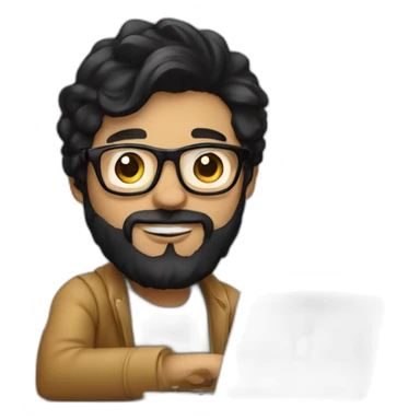 Designer with black hair, beard and glasses working with MacBook and drinking cappuccino  sticker
