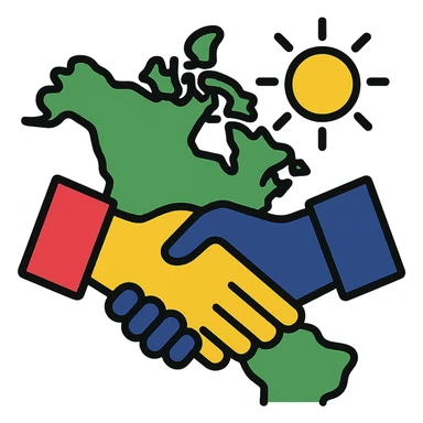 business handshake over a map of North America with sun in the background, symbolizing collaborative summer internship at Ipsos sticker