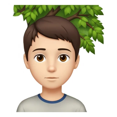 boy with straight short brunette hair brown eyes and tree behind sticker