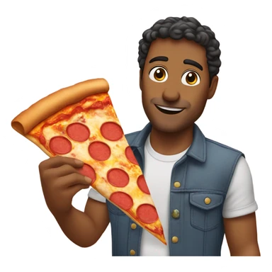 Murat holding a pizza sticker