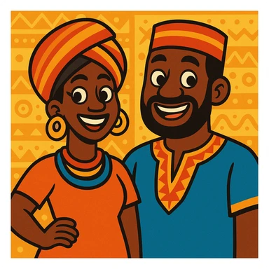 African parents, lively expressions, cultural details, playful toon style sticker