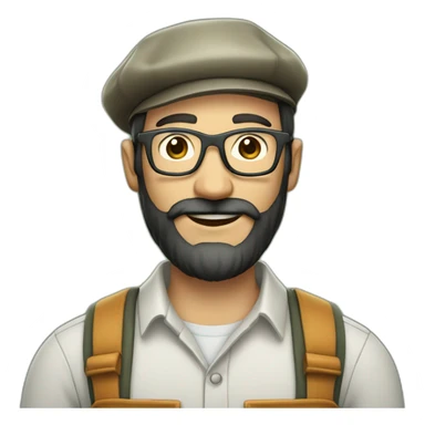 full body of an happy gardener face long dark beard and short dark hair with little transparent glasses and a beret sticker