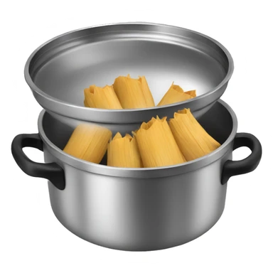 Stainless steel pot with black handlers, tamales inside sticker
