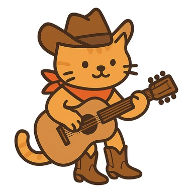 flat toon orange cowboy cat strumming an acoustic guitar, wearing cowboy boots and a bandana sticker
