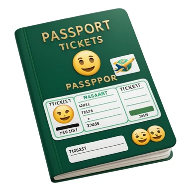 open white passport with embedded airline tickets, dark green details on tickets and passport, emoji style sticker