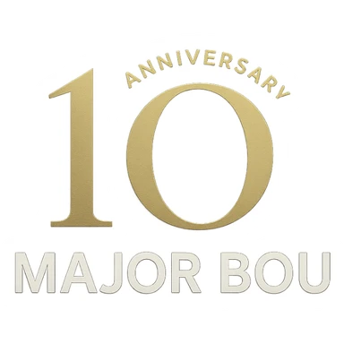 Elegant 10th anniversary logo for Major Bou with gold accents and a modern sans-serif font sticker