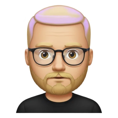 bald blonde bearded man with eyeglasses with black shirt sticker
