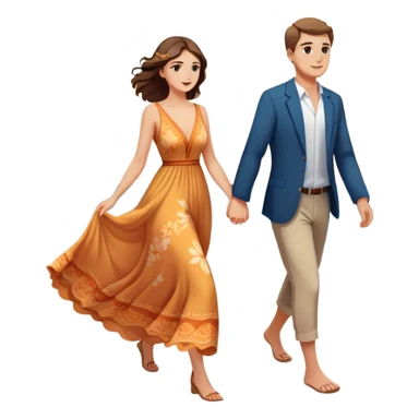 Elegant girl with a beautiful flowy dress and man walking on the beach together in Montenegro sunset holding hands  sticker