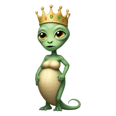 Pregnant reptilian alien woman, full body, have a crown sticker