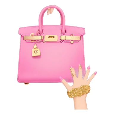 hand with gold nails holding pink birkin bag sticker