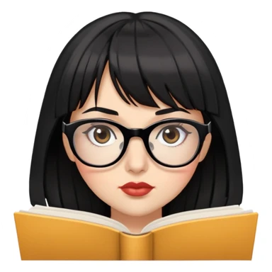 A woman with bangs and black hair , big brown eyes and full lips , glasses on , big lashes , reading  sticker