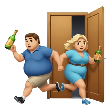 A fat guy and fat girl running towards a door with liquor  sticker