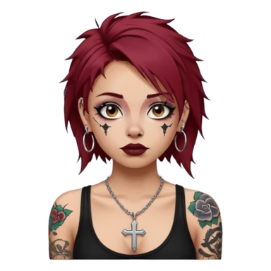 generate an ios genmoji of a girl with dark red messy hair with eyeliner on. septum piercing, wearing a cami black top, has tattoos, on shoulders. ear piercings. wearing a cross silver necklace sticker