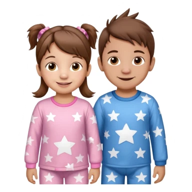 A toddler girl with brown hair with two pig tails, wearing pink pajamas with white stars on them. With a 4 year old boy with spikey brown hair, wearing blue pajamas with white stars on them. Both light skin and smiling. sticker