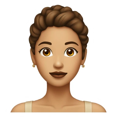 Chica con el pelo largo y castaño oscuro ojos marrones y top beige y labios color natural sticker