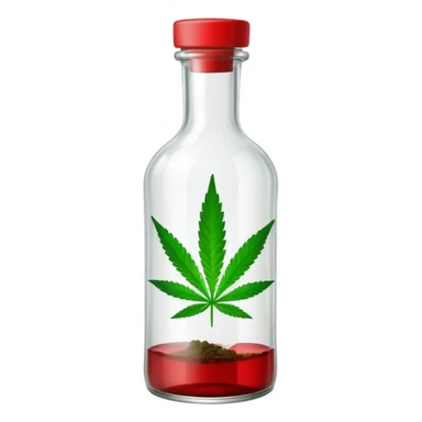curved glass bottle in red with a green cannabis leaf printed on it sticker