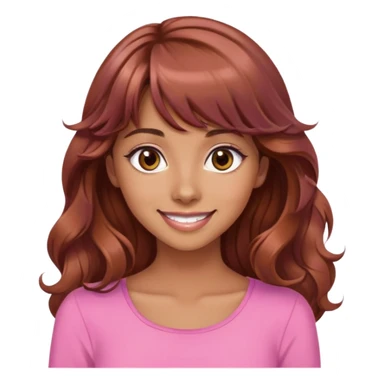 beautiful woman, tan skin, big brown eyes, long wavy auburn hair, bangs, model, pink top, smiling sticker