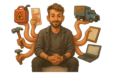 Перерисуй персонажа в объемном, но слегка рисованном стиле, у него много рук как у осьминога и он держит в них - канистру с бензином, пачку 5000 тысячных рублей, молоток, папку с бумагами, грузовой автомобиль, компьютер - фон сделай прозрачным sticker