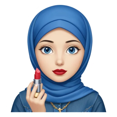 Turkish beautiful finish Konya girl blue eyes with blue denim hijab islamic dress and had on her hand ysl lipstick  sticker