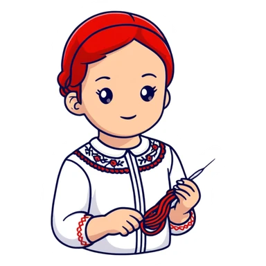 A young Ukrainian girl in a white embroidered shirt holds a red thread and a needle in her hand sticker