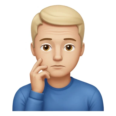 Create an emoji-style illustration of a man thinking. Show him with a hand on his chin, raised eyebrow, and a thoughtful expression. Soft gradients, rounded shapes, clean minimal emoji look sticker