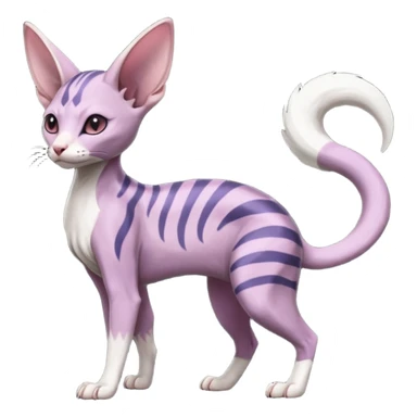 Furry, Purple, white, black, Minccino-Sphynx-Lykoi-Linoone-Zangoose-fusion-hybrid-animal-Fakémon-creature, full body, thin long sleek scaly tail, intricate markings sticker