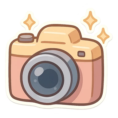 chibi sticker-style camera with sparkles, cute and exaggerated sticker