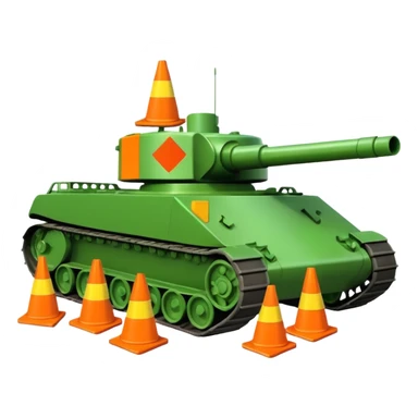 a tank with traffic cones flattened under its treads, emoji style sticker