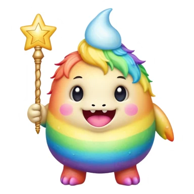 Kawaii derpy fat rainbow monster with magic wand, rich textures, visually rich, so lifelike that it feels like it could leap off the page at any moment sticker