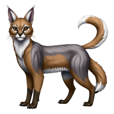 Realistic patterned marked edgy greyish blackish whitish silvery coppery Shiny Colorful Glossy Caracal-Fox-Cabbit-Lion-Bobcat-fusion-animal-hybrid-creature, full body, big-tufted-bat-ears, long-thin-tufted-white-tipped-tail sticker
