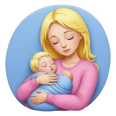 Mother is holding a baby, the mother has yellow hair and pink clothes, the baby is sleeping in blue clothes sticker