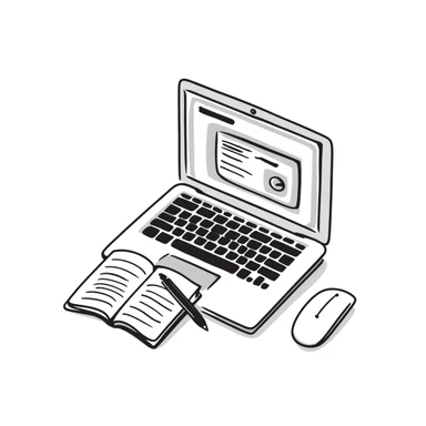 top view of a MacBook and a notebook with a pen nearby, different arrangement sticker