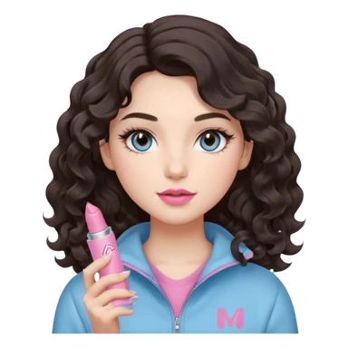 A girl with soft loose wavy curls (not tight), dark brown hair with natural volume, round-almond Douyin-style eyes with long curled lashes, cool-tone neutral makeup. She’s wearing a light-blue athletic outfit and holding a normal-size pink lipstick in one hand.. sticker