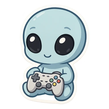 a little blue alien with gouty eyes holding a video game controller  sticker