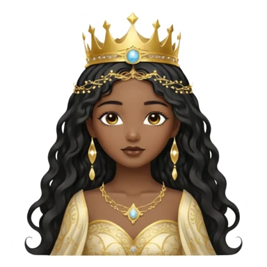 a black beautiful angel with gold pattern on her face and and long wavy black hair, she wears a ethereal crown with sparkling strings and a beautiful sparkling golden gown with moon crest in the middle of the gown, her face calm, gentle and kind, magical aura around her sticker