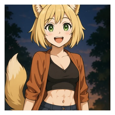 a girl in Demon Slayer anime style, 15 kg, 155 cm tall, short blonde hair, wolf-like blonde ears and tail (furry), shining green emerald eyes, hourglass figure, visible abs, attractive breasts, long eyelashes, red soft lips, very smooth skin, wearing casual evening clothes, joyful expression, loves food and evening walks sticker