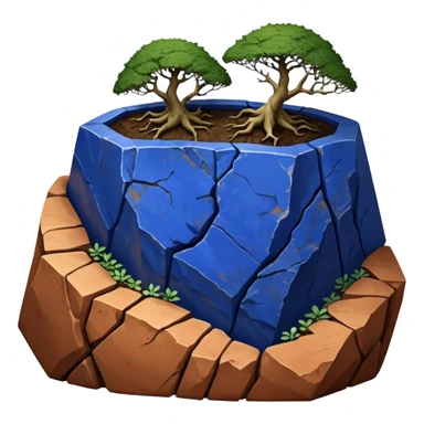 Aged two toned lapis blue terracotta Roots Stoneware akadama moss on soil irregular angular Stone Age rocks cracked crags and broken rough edges forming a very shallow flat Yixing forest pot sticker