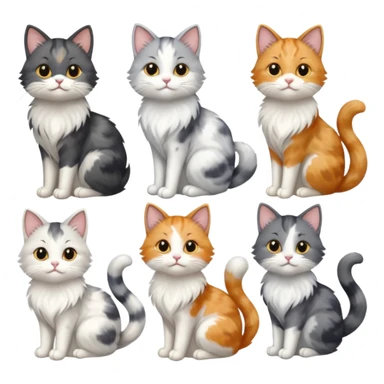 6 realistic looking cats with different natural coloured coats, assorted grey and white, greys, calicos etc
 sticker
