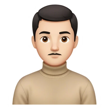 Create a memoji-style avatar of a young man with short black hair, well-defined eyebrows, and a light mustache. He wears a beige turtleneck sweater and has a neutral, confident expression. The style should be smooth, cartoonish, and Apple Memoji-like, with soft shading and clean lines






 sticker
