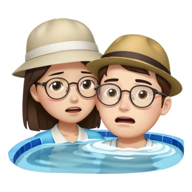Chinese Girl without glasses and young white man with a hat and glasses brown hair playing pool, the white man is crying because he lost  sticker
