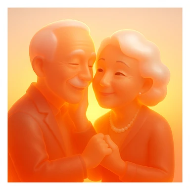 Add a vivid sunset background behind the elderly couple acting flirtatious and affectionate, keep realistic 3D style, warm lighting, joyful expressions, vibrant and warm sunset colors enhancing the romantic atmosphere. sticker