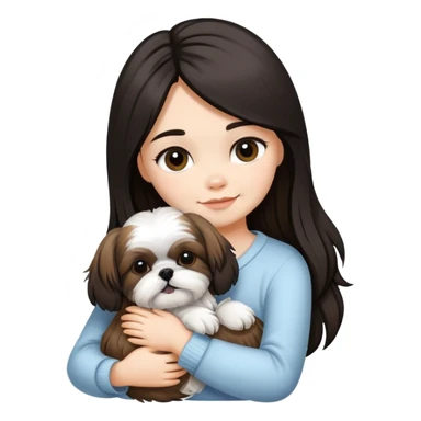 A girl with black highlighted long hair hugging a Shih Tzu dog sticker